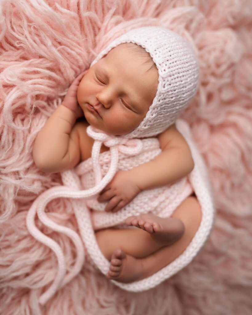 Sleeping newborn baby girl posed on her side in a pink bonnet and matching knit wrap on a soft pink fur blanket.