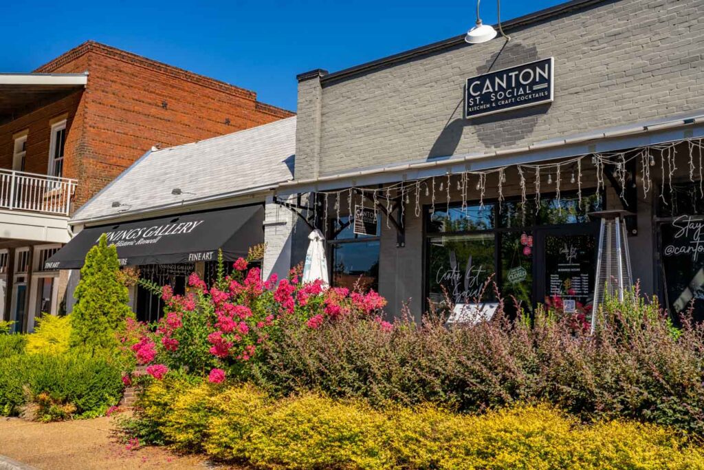 Pink flowering shrubs outside Canton St. Social and Vinings Gallery in downtown Roswell, GA.