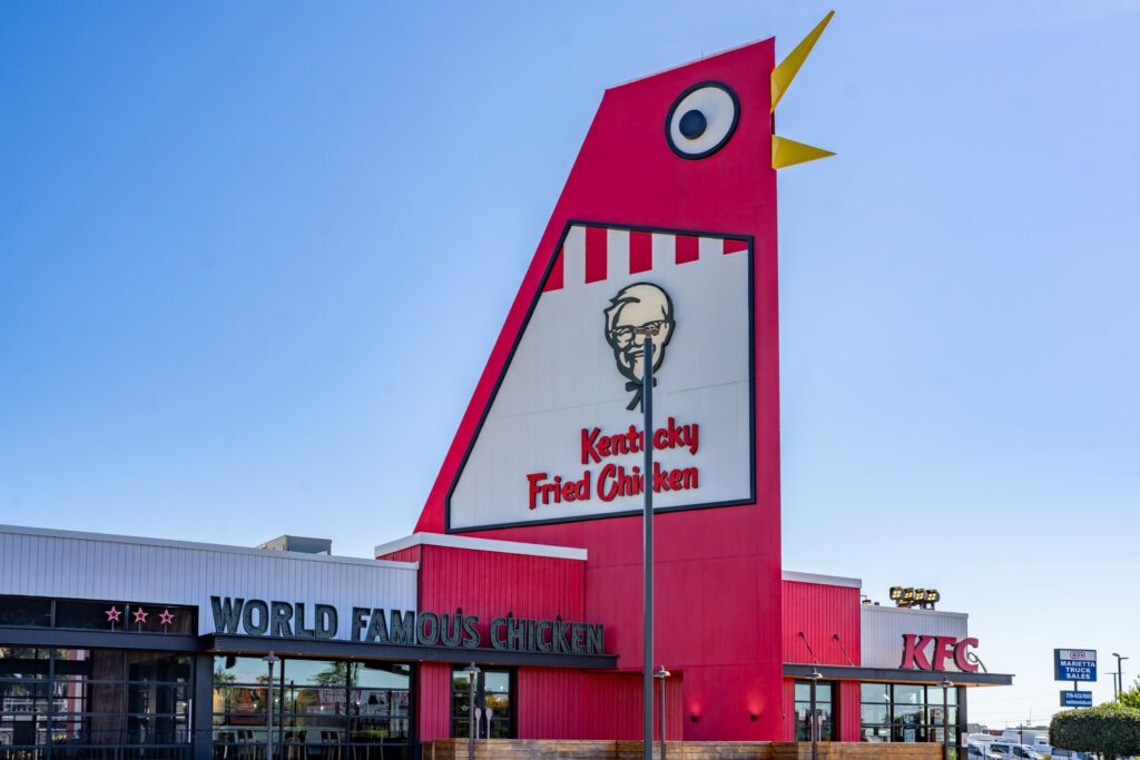 Wide view of the Big Chicken towering above the KFC restaurant on Cobb Parkway in Marietta, GA.