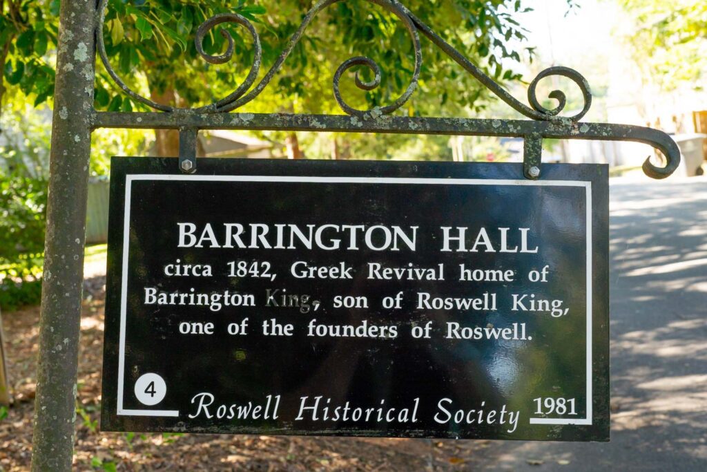 Barrington Hall historical marker describing the circa-1842 Greek Revival home of Barrington King in Roswell, GA.